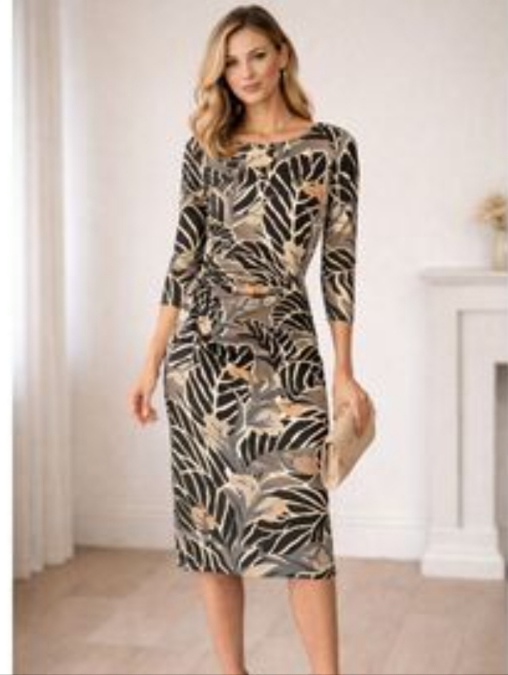 J McLaughlin Multicolor Ruched Dress Tropical Abstract Geometric Jersey Midi XS